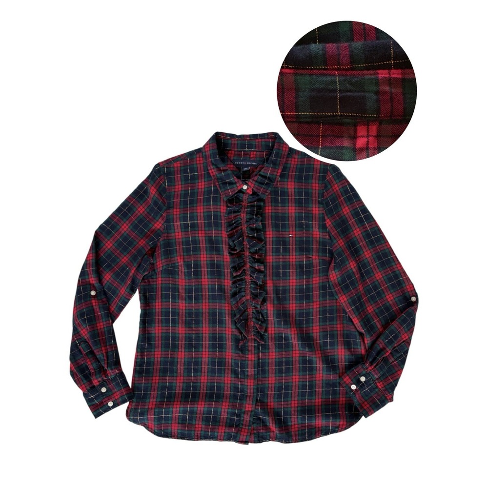 Tommy Hilfiger Plaid Flannel Button Front Shirt Red Green Gold Ruffle L Holiday